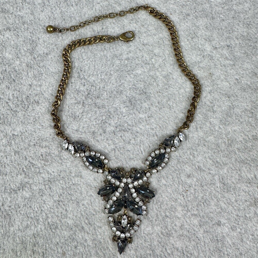 Statement Bib Necklace Smoky Gray & Clear Rhinestone Cluster Antique Brass Tone